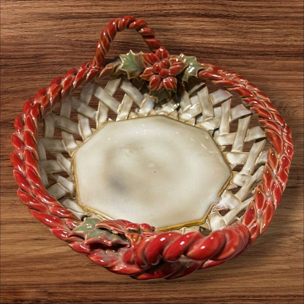Ceramic Christmas Basket Poinsettia Holly Woven Lattice Holiday Centerpiece